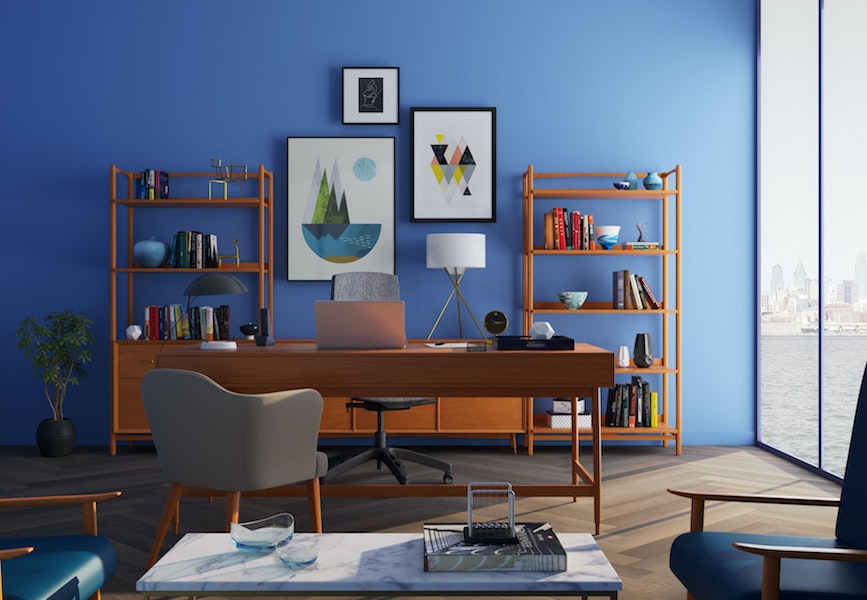 living room with walls painted in blue