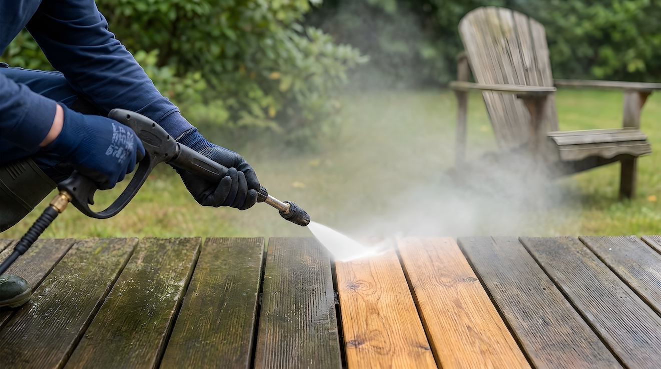 power washing a deck to remove dirt and grime